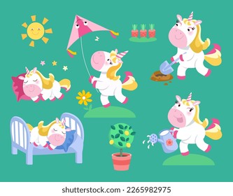 Cute isolated set of unicorns in garden. Horses dig, water the flowers and play with kite, sleep. Cartoon animal characters for design. Vector illustration.