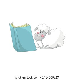 Cute isolated sheep reading a book. Sticker, patch, badge, pin or tattoo. White background. Cartoon style illustration. Vector.