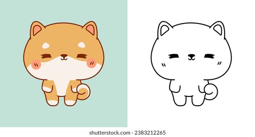 Cute Isolated Shiba Inu Dog Illustration and For Coloring Page. Cartoon Clip Art Puppy. Isolated Vector Illustration of a Kawaii Pet for Stickers, Baby Shower, Coloring Pages. 