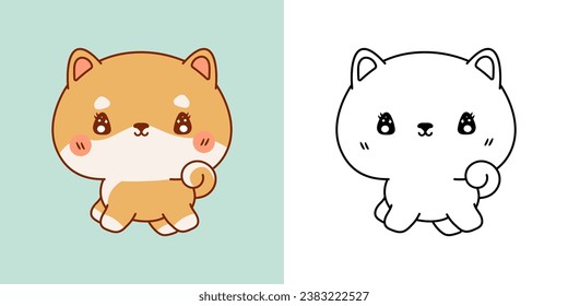 Cute Isolated Shiba Inu Dog Clipart Illustration and Black and White. Funny Isolated Puppy. Isolated Vector Illustration of a Kawaii Pet for Prints for Clothes, Stickers, Baby Shower. 
