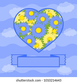 Cute isolated silhouette of a heart on a blue background with a sky. Romantic banner ribbon from below. Simple flat vector illustration. Design for St. Valentine s Day