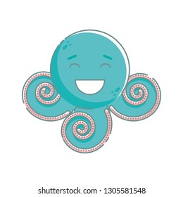 Cute isolated smiling aquamarine octopus. Sticker, patch, badge, pin or tattoo. White background. Linear style illustration. Vector.