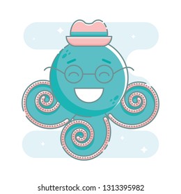 Cute isolated smiling aquamarine octopus in a hat and glasses surrounded with sparkling stars. Sticker, patch, badge, pin or tattoo. Blue blob background. Linear style illustration. Vector.