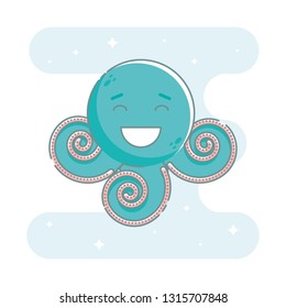 Cute isolated smiling aquamarine octopus surrounded with sparkling stars. Sticker, patch, badge, pin or tattoo. Blue blob background. Linear style illustration. Vector.