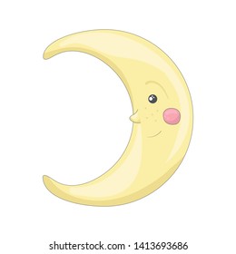 Cute isolated smiling moon with pink cheeks. Sticker, patch, badge, pin or tattoo. White background. Cartoon style illustration. Vector.