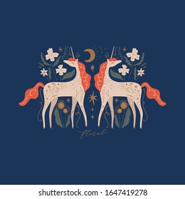 Cute isolated stylish boho moon unicorns garden composition. Good night concept. Magical animals. Pastel colors. Pony nursery print. Vector illustration