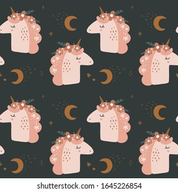 Cute isolated stylish boho unicorns seamless pattern design. Good night concept. Magical animals. Pastel colors. Pony nursery print. Vector illustration