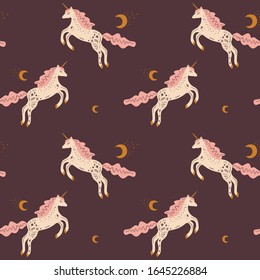 Cute isolated stylish boho unicorns seamless pattern design. Good night concept. Magical animals. Pastel colors. Pony nursery print. Vector illustration
