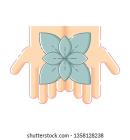 Cute isolated two open hands holding a green plant. Sticker, patch, badge, pin or tattoo. White background. Flat linear style illustration. Vector.