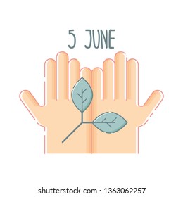 Cute isolated two open hands and a green plant. Hand drawn lettering. White background. Flat linear style illustration. Vector.