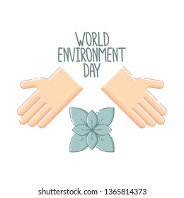 Cute isolated two open hands and a green plant. Hand drawn lettering. White background. Flat linear style illustration. Vector.
