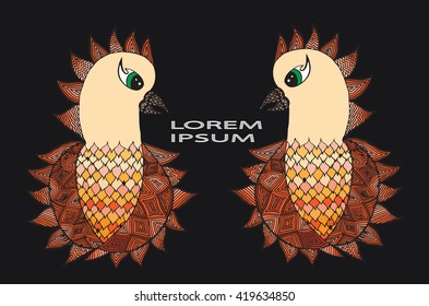 Cute isolated two parrot on the dark background. Animals, bird. Hand drawn doodle. African,indian, totem tattoo element design. With place for text.