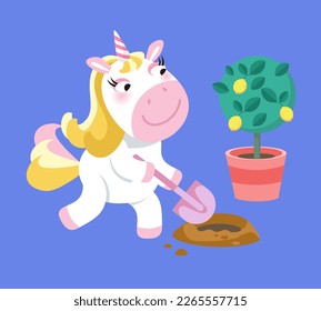 Cute isolated unicorn in garden digging hole and replanting lemon tree. Cartoon character animal horse for design. Vector illustration. 