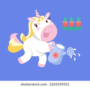 Cute isolated unicorn watering flowers in the garden with watering can. Cartoon character animal horse for design. Vector illustration. 