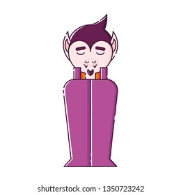 Cute isolated vampire in a cloak. Sticker, patch, badge, pin or tattoo. White background. Flat linear style illustration. Vector.