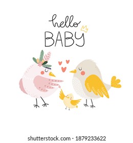Cute isolated vector birds with flowers. Bird family. Hello baby lettering. Can be used for Baby shower invitation card, Nursery poster. Lovely loving family with a baby. Gentle colors. 