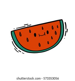Cute isolated vector doodle hand drawn color illustration of watermelon slice. 