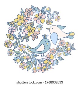 Cuidada ilustración vectorial aislada diseño colorido de aves primaverales en una rama con flores florecientes en colores pastel. El diseño es perfecto para tarjetas, decoraciones, kits de bricolaje, pegatinas, carteles.