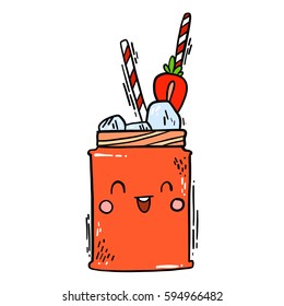 Cute isolated vector illustration of colorful fancy drink character with ice cubes, strawberry and straw.