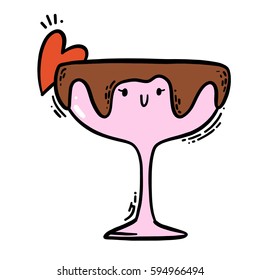 Cute isolated vector illustration of colorful pink fancy drink character with chocolate frosting and heart decoration.