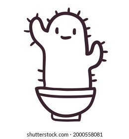 Cute isolated vector illustration. Doodle sticker of a cactus in a pot with a face and a smile. Children icon of a trendy plant in line art style.