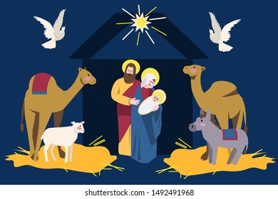 cute isolated vector illustration of holy divine family Virgin Mary and Joseph with Baby Jesus in manger with animals, camels, donkey, sheep. Nativity scene. For greeting cards, Christmas kid design