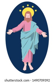 cute isolated vector illustration of Jesus Christ in pink and blue robes descending in dark sky with halo and stars and smile. For church decorations, christian children, bible, celebrations design