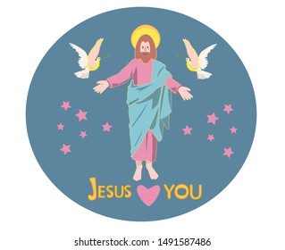 cute isolated vector illustration of Jesus Christ with halo with two holy spirit doves with olive branches and stars. Jesus loves you. For children and church decorations, baby showers, Easter design