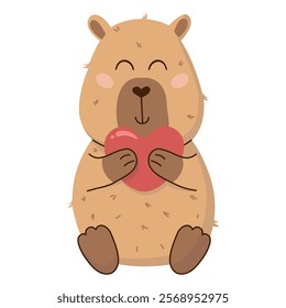 Cute isolated vector illustration of a loving capybara holding a heart on a transparent background. Perfect for Valentine's Day cards, stickers, posters and social media. Charming and playful design.