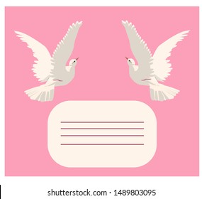 cute isolated vector illustration of two white doves on soft pink background with text space bubble with lines. For baby showers, birthdays, wedding, greeting card, christian church celebrations
