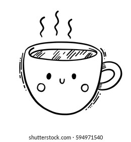 Cute isolated vector line illustration of mug of hot tea or coffee. Can be used for coloring.