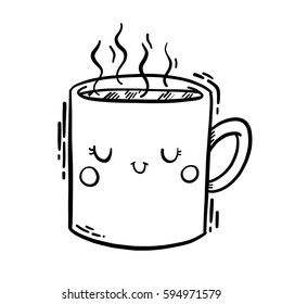 Cute isolated vector line illustration of cup of hot tea or coffee. Can be used for coloring.