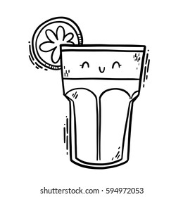 Cute isolated vector line illustration of colorful fancy drink character. Glass of fresh orange juice. Can be used for coloring.