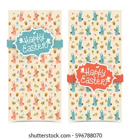 Cute isolated vertical doodle happy easter banners with bunnies chicks carrots flowers and eggs vector illustration