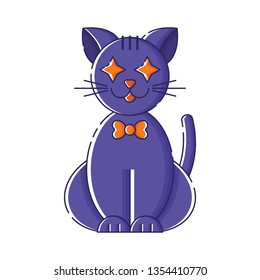 Cute isolated violet cat with star eyes in a bow tie. Sticker, patch, badge, pin or tattoo. White background. Flat linear style illustration. Vector.
