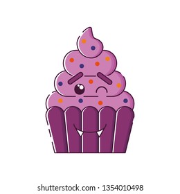 Cute isolated winking cupcake with confetti and fangs. Sticker, patch, badge, pin or tattoo. White background. Flat linear style illustration. Vector.