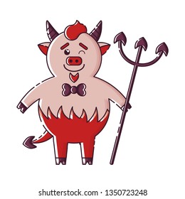 Cute isolated winking devil. Sticker, patch, badge, pin or tattoo. White background. Flat linear style illustration. Vector.