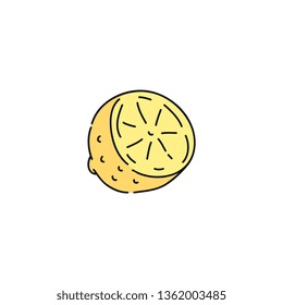 Cute isolated yellow lemon slice, fresh citrus fruit cut in half hand drawn in simple cartoon style. Sketch style drawing of healthy vegetarian food, isolated on white background, vector illustration.