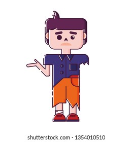 Cute isolated zombie with one arm in a shirt and torn trousers. Sticker, patch, badge, pin or tattoo. White background. Flat linear style illustration. Vector.