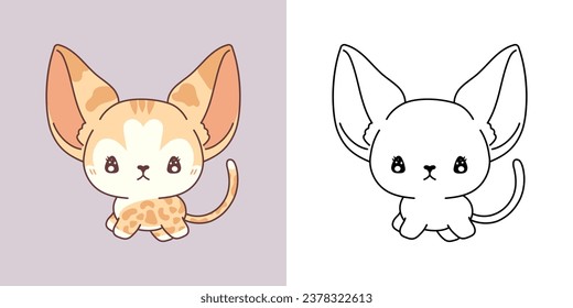 Cute IsolatedAbyssinian Cat Illustration and For Coloring Page. Cartoon Clip Art Baby Kitten. Cartoon Vector Illustration of Kawaii Baby Animal for Stickers, Prints for Clothes, Baby Shower. 