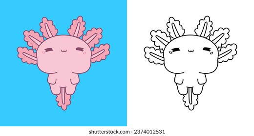 Cute IsolatedAxolotl Clipart Illustration und Schwarz-Weiß. Hübsches Einzeltier. Einzige Vektorgrafik eines Kawaii Amphibien für Kleidungsdrucke, Aufkleber, Babydusche, Farbseiten. 