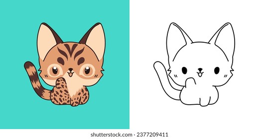 Cute IsolatedBengal Cat Illustration and For Coloring Page. Cartoon Clip Art Baby Kitten. Cartoon Vector Illustration of Kawaii Animal for Stickers, Prints for Clothes, Baby Shower. 