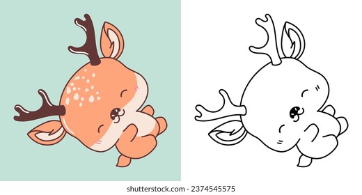 Cute IsolatedDeer Illustration and For Coloring Page. Cartoon Clip Art Forest Animal. Cartoon Vector Illustration of Kawaii Animal for Stickers, Prints for Clothes, Baby Shower. 