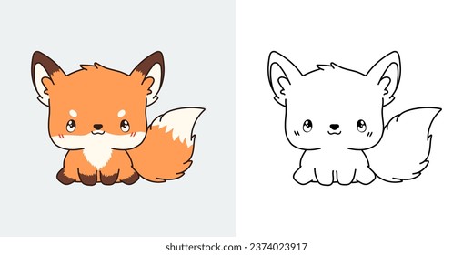 Cute IsolatedFox Illustration and For Coloring Page. Cartoon Clip Art Forest Animal. Isolated Vector Illustration of a Kawaii Animal for Prints for Clothes, Stickers, Baby Shower. 