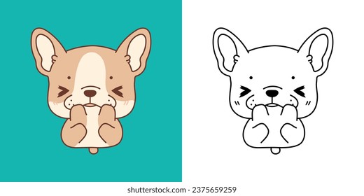 Cute IsolatedFrench Bulldog Puppy Illustration and For Coloring Page. Cartoon Clip Art Dog. Cartoon Vector Illustration of Kawaii Pet for Stickers, Prints for Clothes, Baby Shower. 