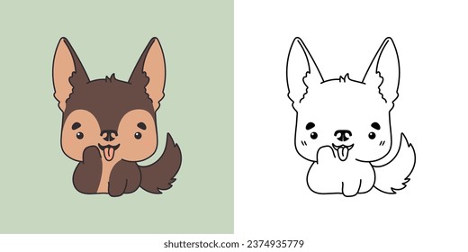 Cute IsolatedGerman Shepherd Dog Illustration and For Coloring Page. Cartoon Clip Art Dog. Cartoon Vector Illustration of Kawaii Pet for Stickers, Prints for Clothes, Baby Shower. 