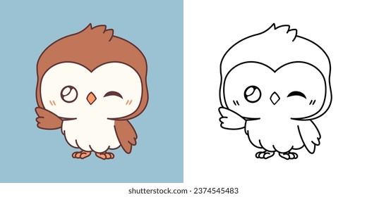 Cute IsolatedOwl Illustration and For Coloring Page. Cartoon Clip Art Bird. Cartoon Vector Illustration of Kawaii Animal for Stickers, Prints for Clothes, Baby Shower. 