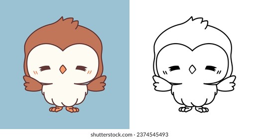 Cute IsolatedOwl Illustration and For Coloring Page. Cartoon Clip Art Bird. Isolated Vector Illustration of a Kawaii Animal for Stickers, Baby Shower, Coloring Pages. 