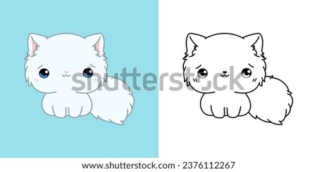 Cute IsolatedPersian Kitten Illustration and For Coloring Page. Cartoon Clip Art Kitty. Cute Vector Illustration of a Kawaii Animal for Prints for Clothes, Stickers, Baby Shower. 