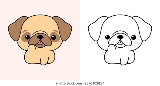 Cute IsolatedPug Dog Illustration and For Coloring Page. Cartoon Clip Art Puppy. Cartoon Vector Illustration of Kawaii Pet for Stickers, Prints for Clothes, Baby Shower. 